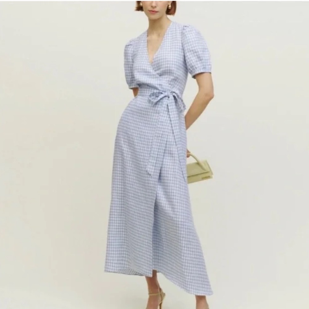 Reformation Weiss Linen wrap midi dress (Light Blue Gingham Wrap Maxi Dress) NWT